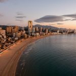 Skyline sunrise in Playa Poniente in Benidorm Costa Blanca with views on InTempo Building.